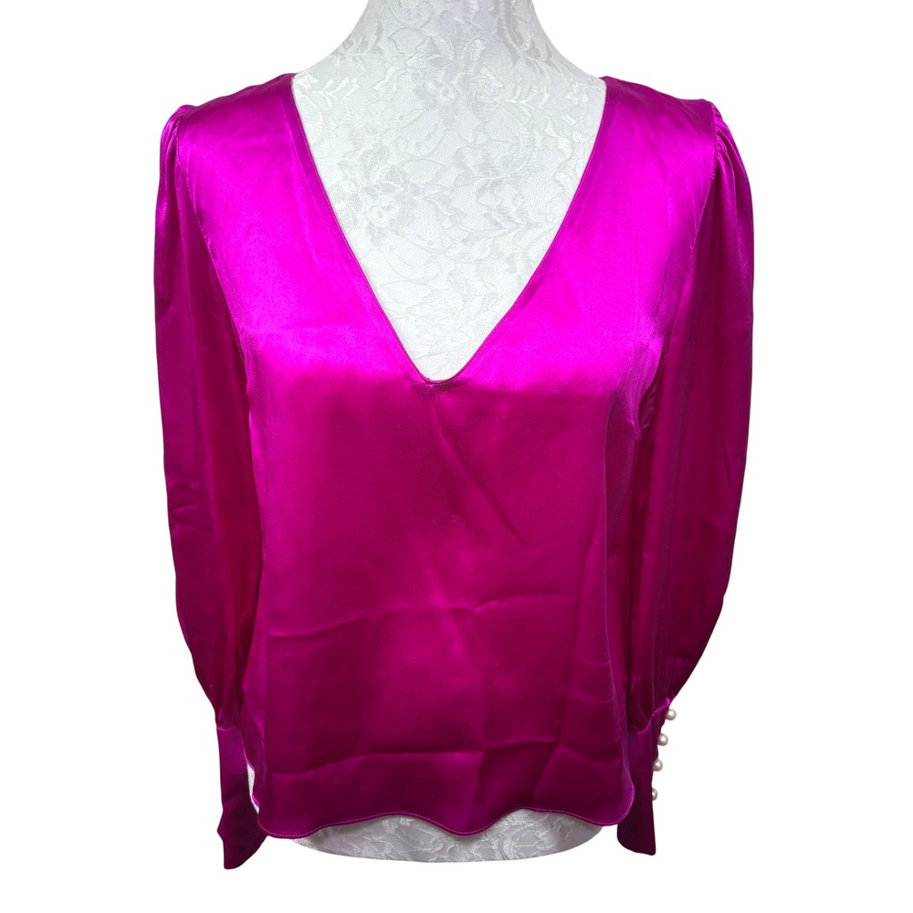 Amanda Uprichard Pink Silk V-Neck Puff Sleeve Pearl Cuff Top Blouse Womens Small